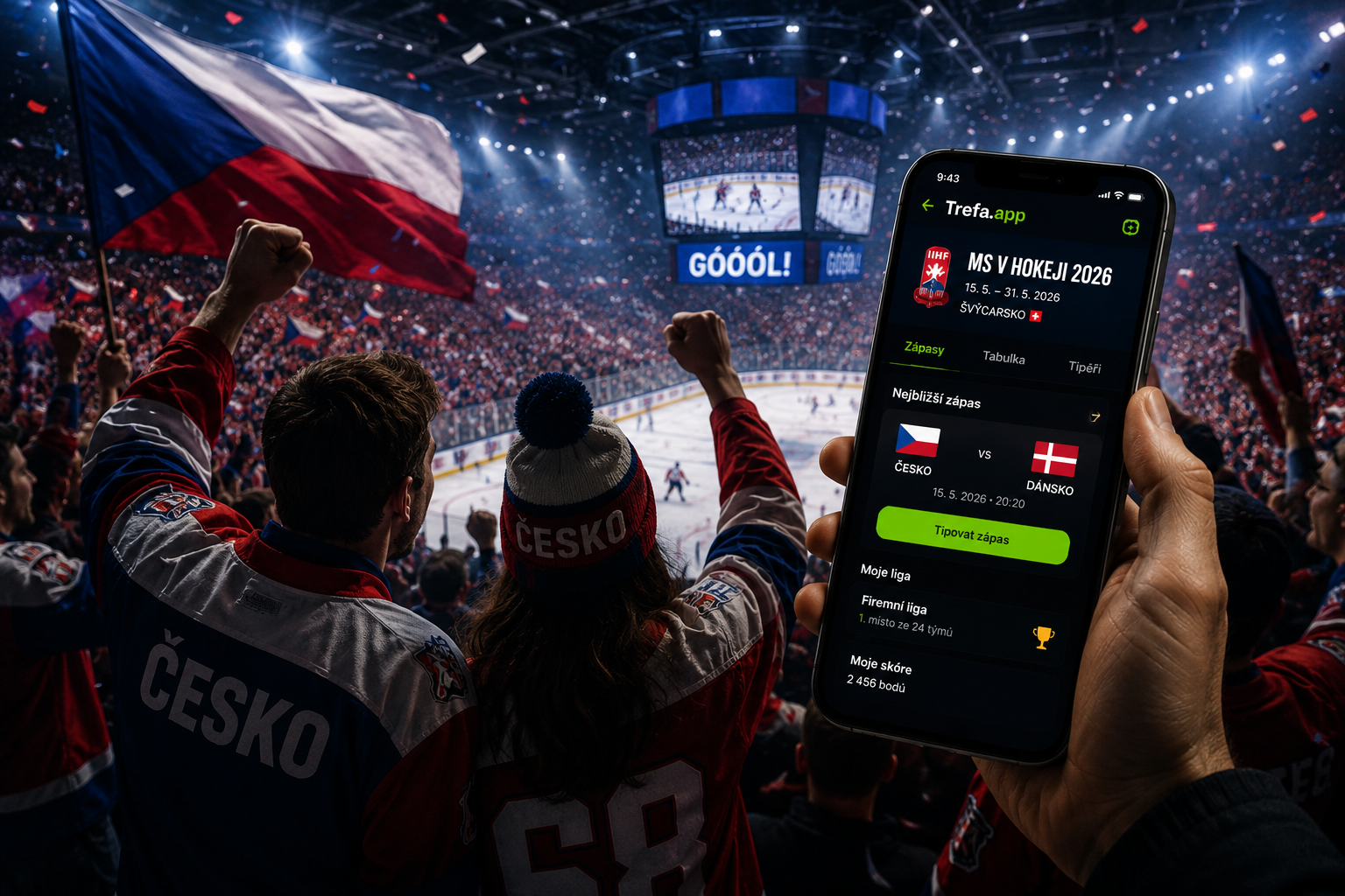 Tschechische Fans verfolgen ein Spiel in der Arena, Handy mit der Trefa.app-Tippliga-App